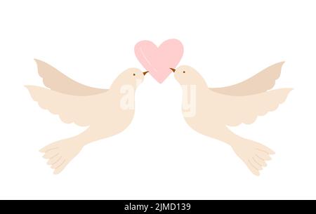 Zwei Tauben mit Herz. Liebe feiern, romantische Beziehung, Paar schöne Moment Vektor Illustration Stock Vektor