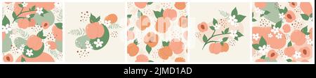 Pfirsichfrucht, Blatt und Blumen auf botanischem Muster Set Vektorgrafik. Abstrakte natürliche saftige Aprikose oder Nektarine Produkte, süße Sommer der Herbsternte für den Markt, florale nahtlose Hintergrund Stock Vektor