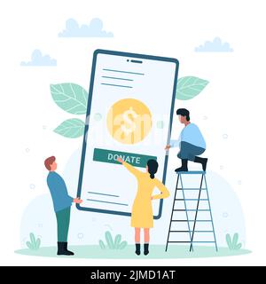 Online Charity, Spende mobile App mit Donate Button Vektor Illustration. Cartoon kleine Freiwillige spenden Geld, schnelle Fundraising für humanitäre Hilfe und Hilfe, Anwendung von gemeinnützigen Fonds Stock Vektor