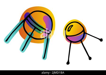 Heller Raum Doodle Aufkleber. Weltraumsatellit auf weißem Hintergrund isoliert. Gradient violett, orange, blau neonfarben astronomisches Objekt. Sputnik Symbo Stock Vektor