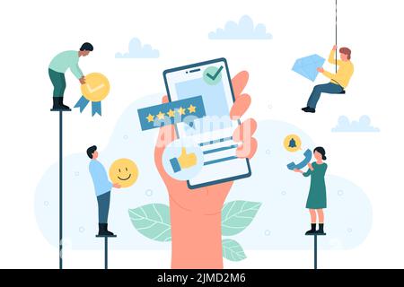 Kunden überprüfen, Feedback-Service und Umfrage-Vektor-Illustration. Cartoon-Kunden Hand halten Handy mit fünf Bewertungssternen auf dem Bildschirm, kleine Menschen geben Qualitäts-Gütezeichen und Emoticon Stock Vektor