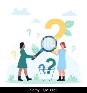 Häufig gestellte Fragen, Online-Suche nach nützlichen Antworten auf Fragen Vektordarstellung. Cartoon Tiny Woman Blick durch die Lupe auf Fragezeichen, Benutzer-Charaktere entscheiden, analysieren und inspizieren Informationen Stock Vektor
