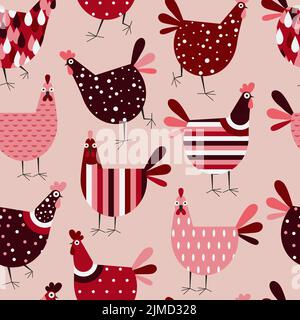 Lustige Cartoons Huhn und Hühner Nahtloses Muster Stock Vektor