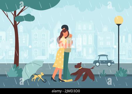 Romantische Datierung von Paaren bei Regenwetter und Sturm. Junger Mann und Frau umarmen, stehen auf der Straße unter Regen, Hunde spielen um Vektor-Illustration. Liebe, Valentinstag, Saisonkonzept Stock Vektor