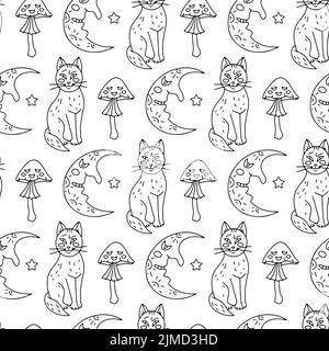 Halloween Nahtloses Muster mit niedlichen Cartoon-Katzen, Halbmonden und giftigen Pilzen auf weißem Hintergrund Stock Vektor