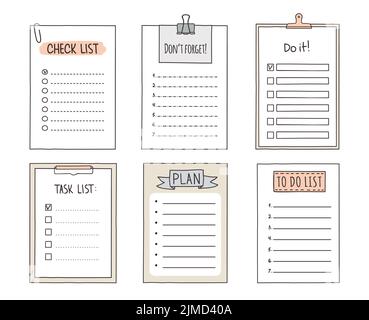 Checkliste Skizze, Zwischenablage oder Checkliste Notizbuch, zu tun und zu merken Notizpapier, Vektor-Doodle. Handgezeichnete Karikatur-Checkliste oder Memo mit Plan, Aufgabe Stock Vektor