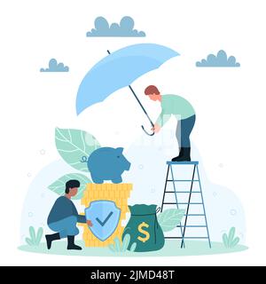 Finanzversicherungsdienst, Vektordarstellung „Sicherheit“. Cartoon Tiny Agents schützen Goldmünzen, Geldbeutel und Sparschwein mit Schild und Regenschirm, sparen Budget und Reichtum vor Risiken Stock Vektor