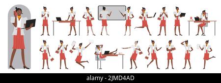 Geschäftsfrau Charakter Posen Satz Vektor Illustration. Cartoon-Frau in formeller Kleidung zeigt Präsentation im Büro, Arbeit der Sekretärin vor, Rücken und Seitenansicht isoliert weiß Stock Vektor