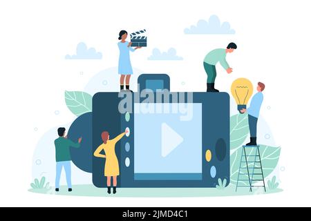 Backstage-Studio-Prozess mit Kamera und winzigen Menschen. Cartoon-Mitarbeiter machen Film, Foto und Video, hält Klapperboard und Glühbirne flache Vektor-Illustration. Fotografie, Kinematographie Konzept Stock Vektor