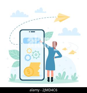 Zahlungs- und Soforttransaktion aus der digitalen Brieftasche, Vektorgrafik für mobile Apps von Bankkonten. Cartoon kleine Frau berühren senden Taste auf dem Handy-Bildschirm zu zahlen und zu übertragen Dollar Goldmünzen Stock Vektor