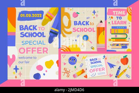 Zurück zur Schule. In Formaten wie Banner, A4, Quadrat und Geschichten. Ideal für die Werbung für Ihre Produkte, Poster, Postkarten, Einladungen Stock Vektor