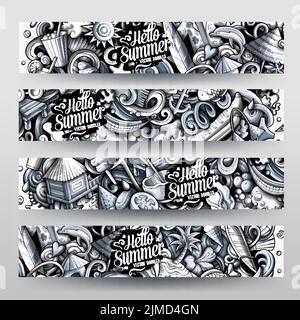 Cartoon niedliche Kritzeleien Sommer Strand horizontale Banner gesetzt Stock Vektor