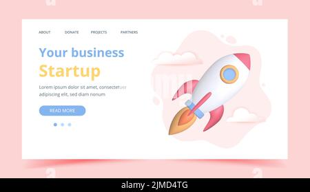 3D Unternehmensgründung mit Rakete. Innovative kreative Geschäftsideen, Investitionen und Fundraising. Landing Page oder Website-Vorlage. Vektorgrafik Stock Vektor