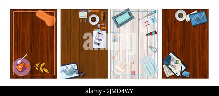 Vector Tische mit Bürobedarf, medizinischen und herbstlichen Lebensmitteln. Apotheke Vorlage für Krankenhäuser, Werbung, Apotheken Ausbildung. Vorlage für Büro Stock Vektor