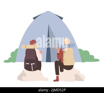 Touristen paar und Camping Zelt. Outdoor Sommerurlaub, Reisen Abenteuer Vektor Illustration Stock Vektor
