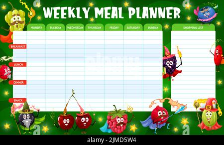 Wöchentlicher Speiseplaner. Cartoon-Beere-Zauberer, Magier und Märchen Zeichen auf der Organisatorliste, gesunde Ernährung Planer oder Diät-Vektor-Zeitplan mit Trauben, Stachelbeere und Kirsche, Preiselbeere lustige Zauberer Stock Vektor