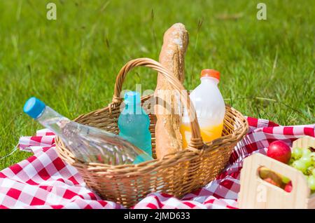 Tolles Konzept der Pic-nic, Pic-nic mit Obst und Saft auf grünen Rasen mit schöner Aussicht Stockfoto