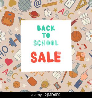 Banner mit Schulbedarf und Back School Sale Schriftzug für Print, Schulmessen, Verkauf. Vektorgrafik. Stock Vektor