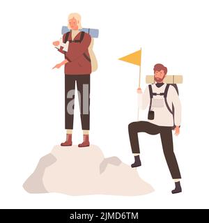 Ein paar Wanderer auf dem Gipfel des Berges. Wandern Aktivität, Klettern Freizeit Vektor Illustration Stock Vektor
