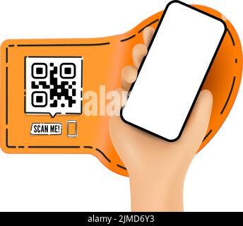 Vektorgrafik Cartoon Hand hält das schwarze Smartphone mit einem QR-Code und scannen Sie mir Text - moderne rahmenlose - isoliert auf weißem Hintergrund Stock Vektor