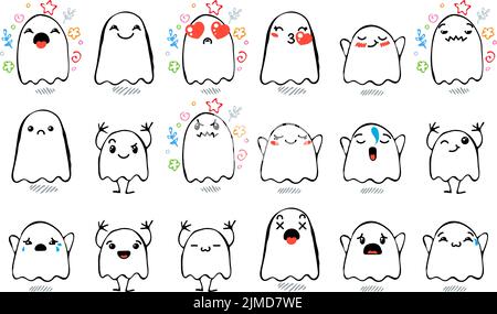 Set aus verschiedenen Cartoon Ghosts mit Emoticons. Doodle Ghouls, Augen und Mund. Karikatur Comic ausdrucksstarke Emotionen, lächelnd, weinend und überrascht Chara Stock Vektor