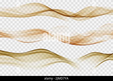 Leuchtender Fluss von welligen Linien auf transparentem Hintergrund, Satz aus drei abstrakten Elementwellen. Vektor Stock Vektor