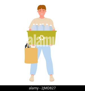 Junge mit sortierten Plastikflaschen. Zero Waste, Abfallmanagement Vektor-Illustration Stock Vektor