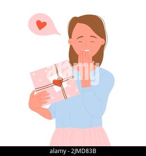Aufgeregt Mädchen mit valentinstag Geschenk. Box mit Liebe, romantische Überraschung Vektor-Illustration Stock Vektor