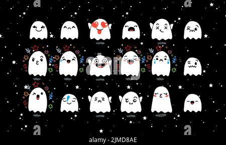 Set aus verschiedenen Cartoon Ghosts mit Emoticons. Doodle Ghouls, Augen und Mund. Karikatur Comic ausdrucksstarke Emotionen, lächelnd, weinend und überrascht Chara Stock Vektor