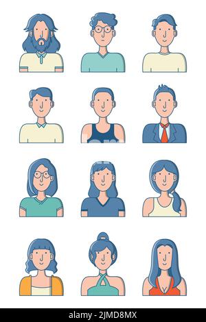 Eine Reihe von menschlichen Figuren-Designs mit verschiedenen Frisuren, Kleidung in männlichen und weiblichen Variationen Stock Vektor