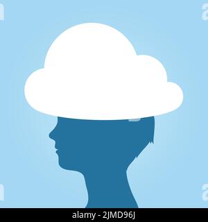 Frau Kopf in den Wolken Silhouette gegen blauen Himmel - Tagträumen Idiom - Vektor-Illustration Stock Vektor