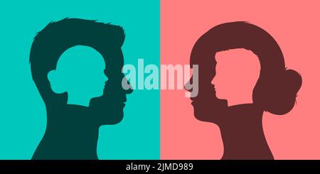 Frau und Mann Kopf Silhouetten Austausch von Ideen mit offenen Geist unter einander Perspektive - Vektor-Illustration der Beziehung Konzept Stock Vektor