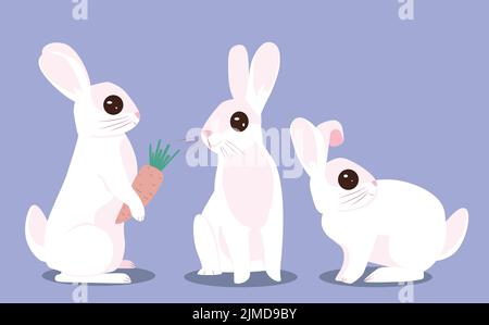 Niedliche drei weiße Cartoon-Kaninchen in verschiedenen Posen auf einem hellen violetten Hintergrund Stock Vektor