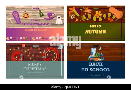 Set von flachen Vektor-Banner für Weihnachten, Herbst, halloween, Schule. Cartoon Feiertagsvorlage mit festlichen Dekorationen und Essen. Neujahrskarte mit einem Stock Vektor
