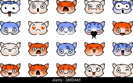 Verschiedene Cartoon Kitten Set. Doodle Gesichter, Augen und Mund. Karikatur Comic ausdrucksstarke Emotionen, lächelnd, weinend und überrascht Charakter Gesicht expressio Stock Vektor