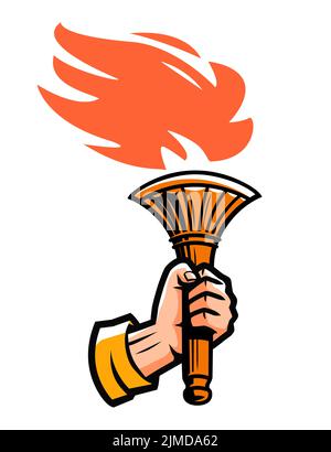 Brennende Fackel mit Feuer in der Hand. Beleuchtung Flamme, Licht Emblem. Sportmaskottensymbol. Vektordarstellung isoliert Stock Vektor