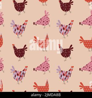 Lustige Cartoons Huhn und Hühner Nahtloses Muster Stock Vektor