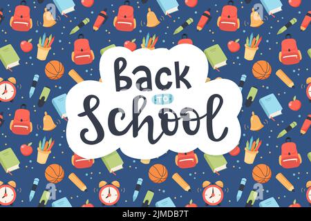 Zurück in die Schule mit Vorräten und handgeschriebener Kalligraphie für Kinder. Niedliche bunte Vektor-Illustration Stock Vektor