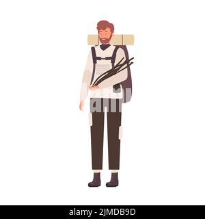 Männlicher Tourist mit Lagerfeuerausrüstung. Wandermann mit Rucksack Vektor-Illustration Stock Vektor