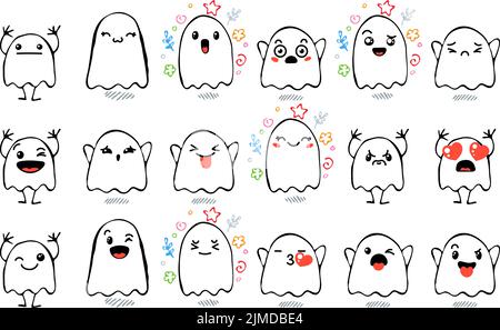 Set aus verschiedenen Cartoon Ghosts mit Emoticons. Doodle Ghouls, Augen und Mund. Karikatur Comic ausdrucksstarke Emotionen, lächelnd, weinend und überrascht Chara Stock Vektor
