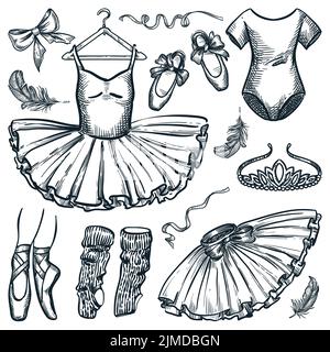 Design-Elemente für Ballett-Tanz auf weißem Hintergrund isoliert. Vektor handgezeichnete Skizze Illustration von Ballerina Kleid, spitzenschuhe, Body und Tiara Stock Vektor