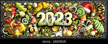 2023 Kritzeleien horizontale Abbildung. Neujahrs-Objekte und Elemente-Poster Stock Vektor