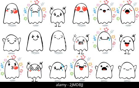 Set aus verschiedenen Cartoon Ghosts mit Emoticons. Doodle Ghouls, Augen und Mund. Karikatur Comic ausdrucksstarke Emotionen, lächelnd, weinend und überrascht Chara Stock Vektor