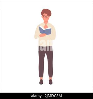 Nerd Junge liest ein Buch. Geek Teenager lernen und studieren Vektor-Illustration Stock Vektor