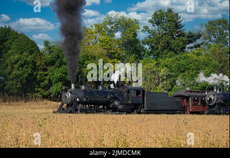 Nahaufnahme eines antiken Dampfzuges, der Rauch und Dampf aufdampft Stockfoto