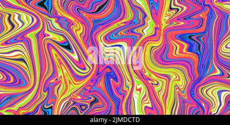 Purpurnes und gelbes, nahtloses Marmormuster mit Halluzinationswirbeln. Vektor flüssige Acryl-Textur. Flow Art. Trippy 70s Textil-Backgroun Stock Vektor
