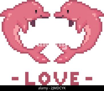 Eine Pixelvektordarstellung eines pinken Delfinpaares mit dem Wort LIEBE am unteren Rand auf weißem Hintergrund Stock Vektor