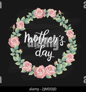 Ein Vektor von rosa Rosen Kranz mit einer 'Happy Mother's Day' Nachricht auf schwarzem Hintergrund Stock Vektor