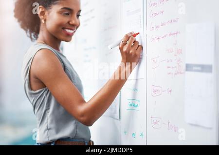 Afrikanische Geschäftsfrau und Projektmanagerin, die eine Marketingstrategie plant und Ideen auf einem Whiteboard für ihre Präsentation Brainstorming. Schwarz Stockfoto