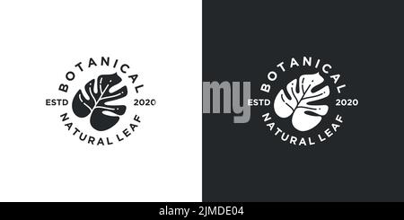 Ein Vektor von botanischem Naturblatt-Logo-Design mit Monstera-Blatt, Symbol-Symbol und Visitenkarte Stock Vektor